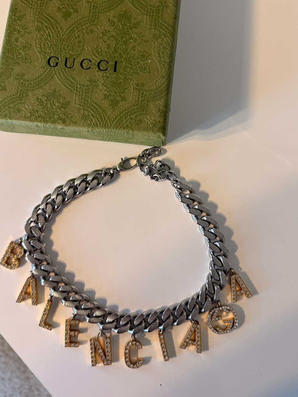 Gucci x Balenciaga Mixed Metal Crystal Letter Charm Necklace in Silver and Gold